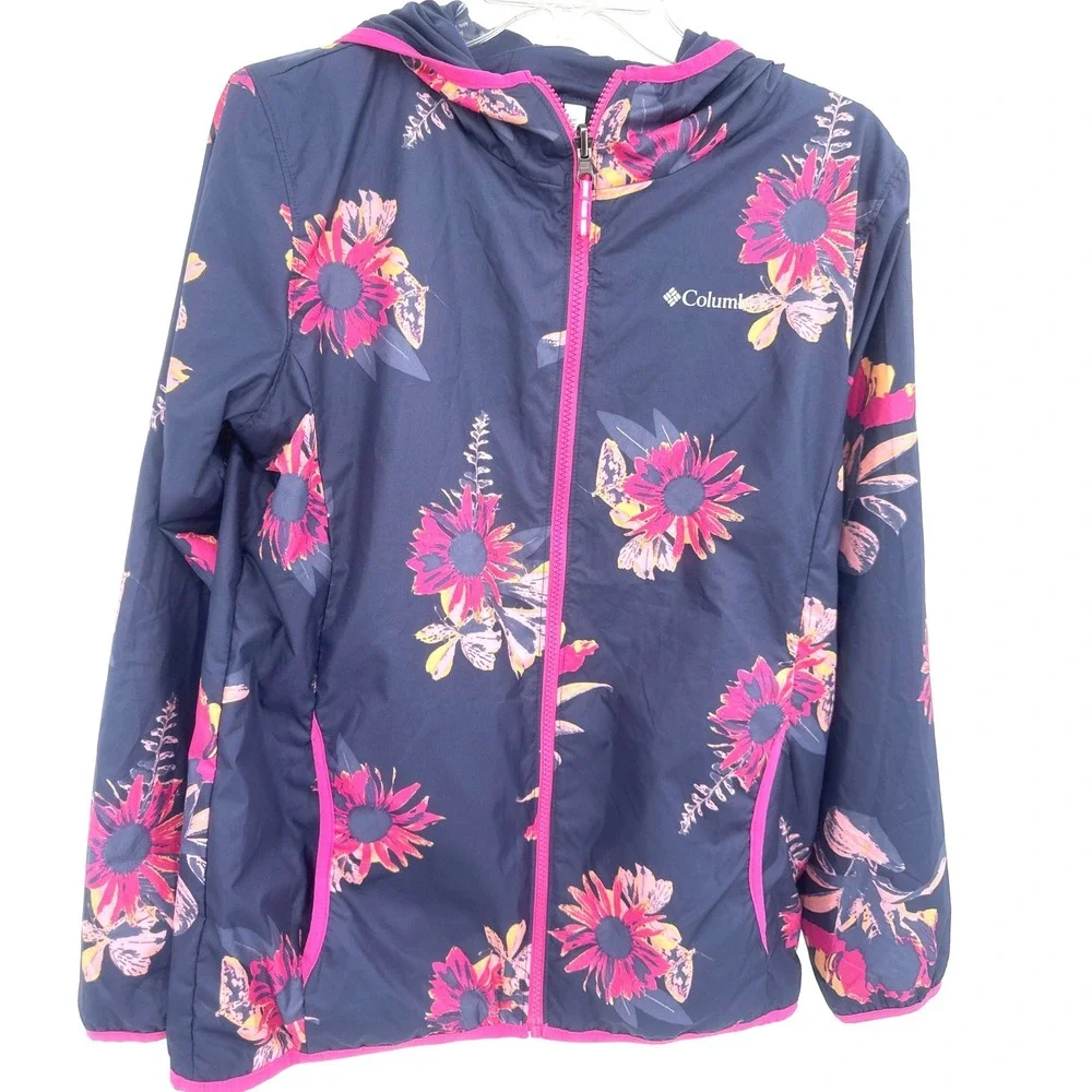 Columbia Girls Jacket XL 18/20 Navy Blue Floral Windbreaker Full Zip Reversible